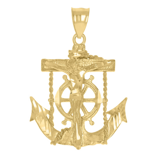 10kt Yellow Gold Men Anchor Crucifix Religious Charm Pendant