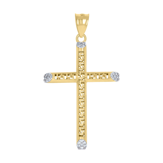 10kt Two-tone Gold Unisex Cubic-Zirconia Greek Key Pattern Cross Religious Charm Pendant
