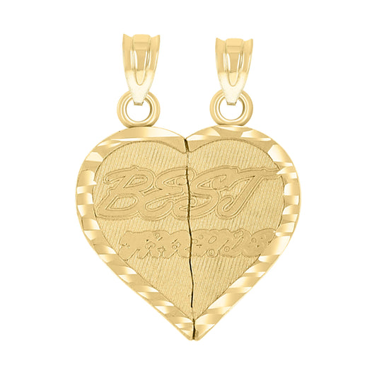 10k Yellow Gold Unisex Diamond Cut Textured Broken Heart Best Friends Charm Pendant