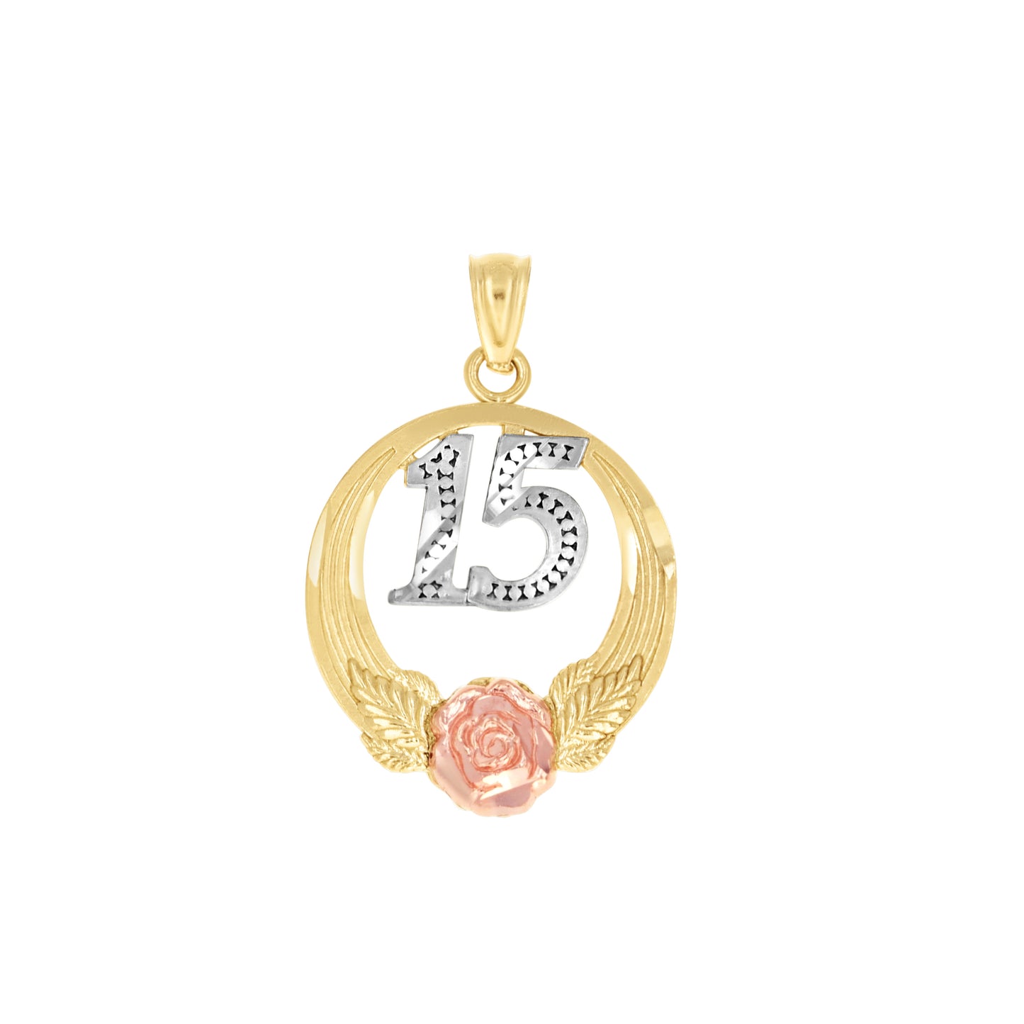 10k Tri Color Gold Unisex Diamond Cut 15 Anos Flower Charm Pendant