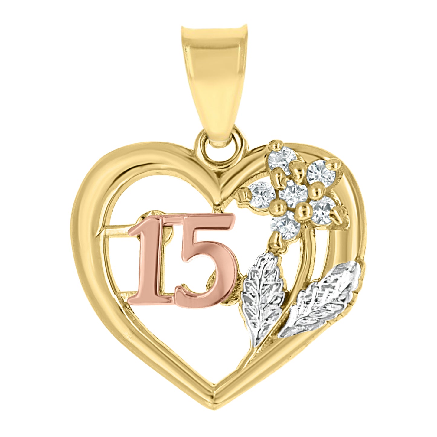 10k Gold Tri Color Cubic Zirconia Womens 15 Anos Heart Charm Pendant