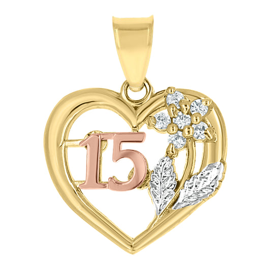 10k Gold Tri Color Cubic Zirconia Womens 15 Anos Heart Charm Pendant