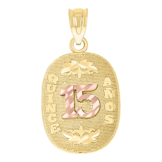 10k Two tone Gold Diamond Cut Womens 15 Anos Quinceanera Charm Pendant