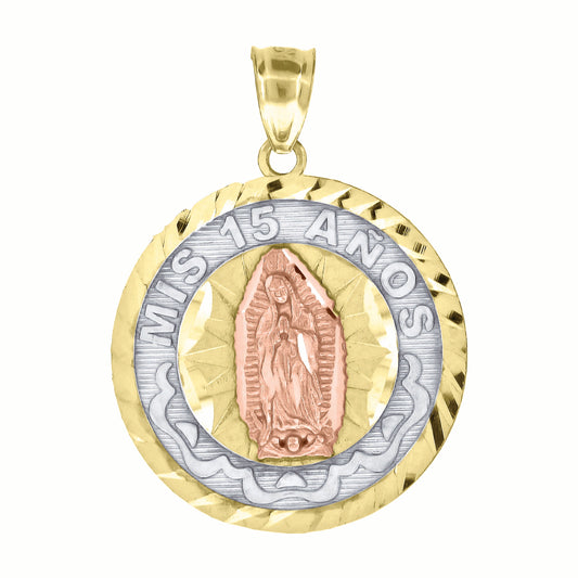 10k Gold Tri Color Diamond Cut Unisex Mis 15 Anos Guadalupe Mary Quinceanera Pendant
