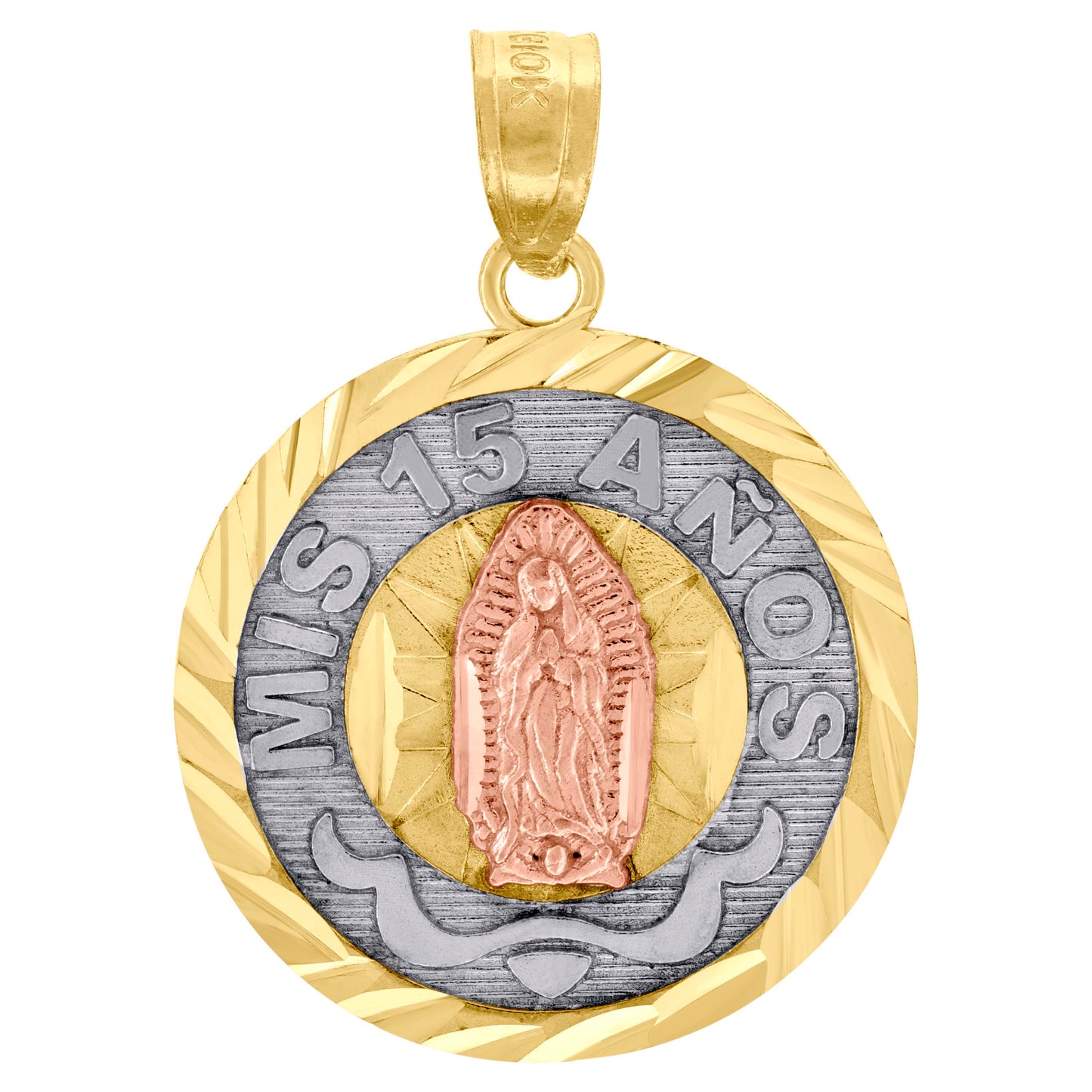 10k Gold Tri Color Diamond Cut Unisex Mis 15 Anos Guadalupe Mary Quinceanera Pendant