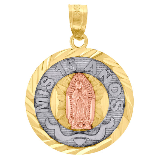 10k Gold Tri Color Diamond Cut Unisex Mis 15 Anos Guadalupe Mary Quinceanera Pendant