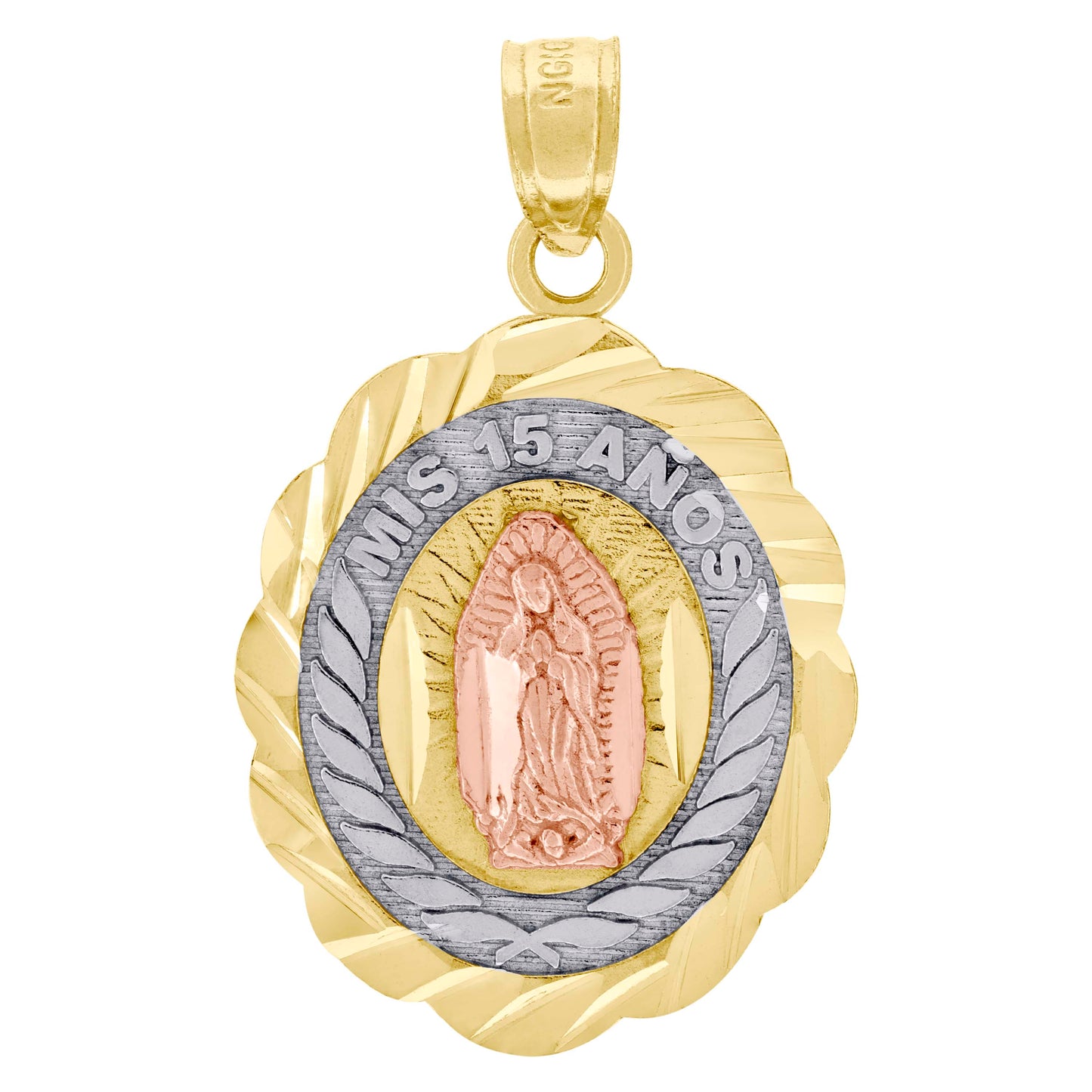 10k Gold Tri Color Diamond Cut Unisex Mis 15 Anos Guadalupe Mary Quinceanera Pendant
