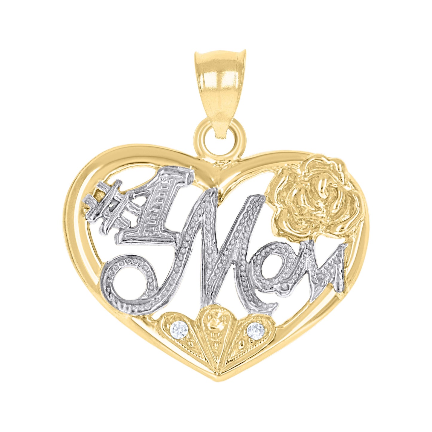 10k Two Tone Gold Womens Textured #1 Mom Heart Charm Pendant