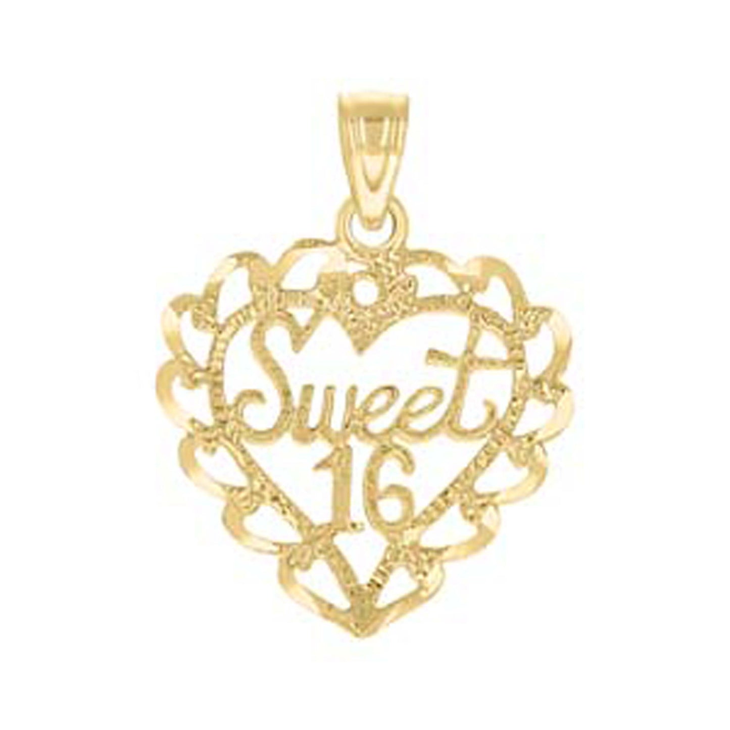10k Yellow Gold Womens Diamond Cut Sweet 16 Heart Charm Pendant