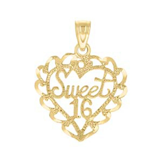 10k Yellow Gold Womens Diamond Cut Sweet 16 Heart Charm Pendant