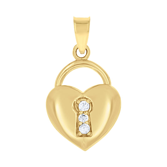 10k Yellow Gold Womens Cubic Zirconia Heart Lock Charm Pendant
