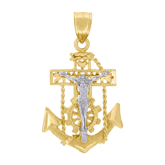 10kt Two-Tone Gold Unisex Diamond-Cut Crucifix Anchor Cross Religious Charm Pendant