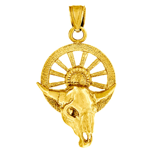 10k Yellow Gold Mens Taurus Cow Skull Wheel Animal Charm Pendant