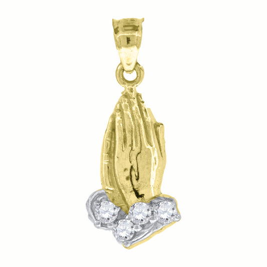 10kt Two-Tone Gold Unisex Cubic Zirconia Cubic-Zirconia Praying Hands Religious Charm Pendant
