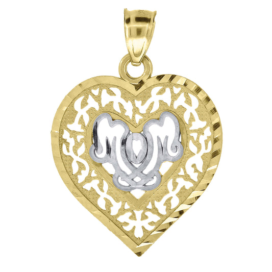 10k Gold Two Tone Diamond Cut Womens Mom Heart Charm Pendant