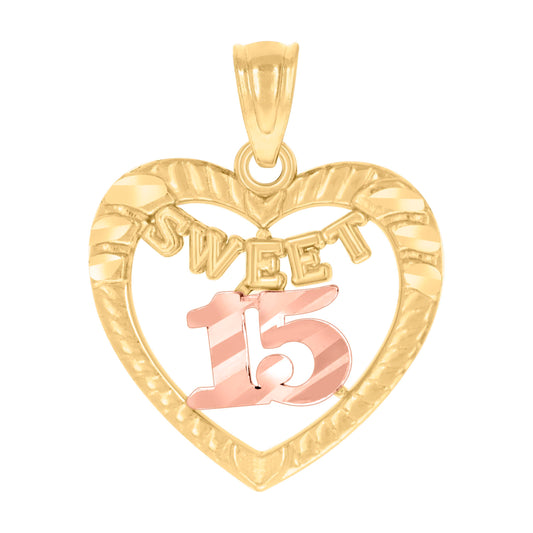 10k Two Tone Gold Womens Textured Sweet 15 Anos Quinceanera Heart Charm Pendant