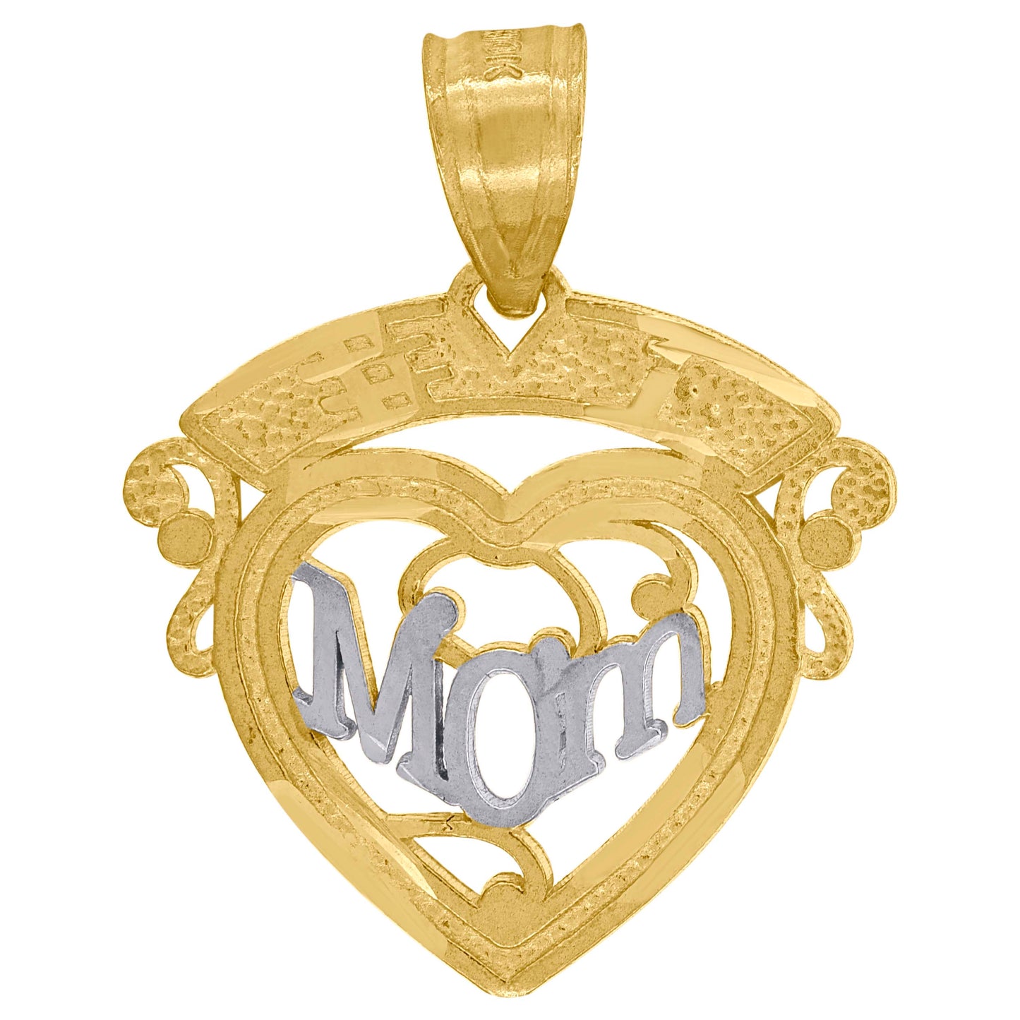 10k Gold Two Tone Diamond Cut Womens Heart Mom Charm Pendant