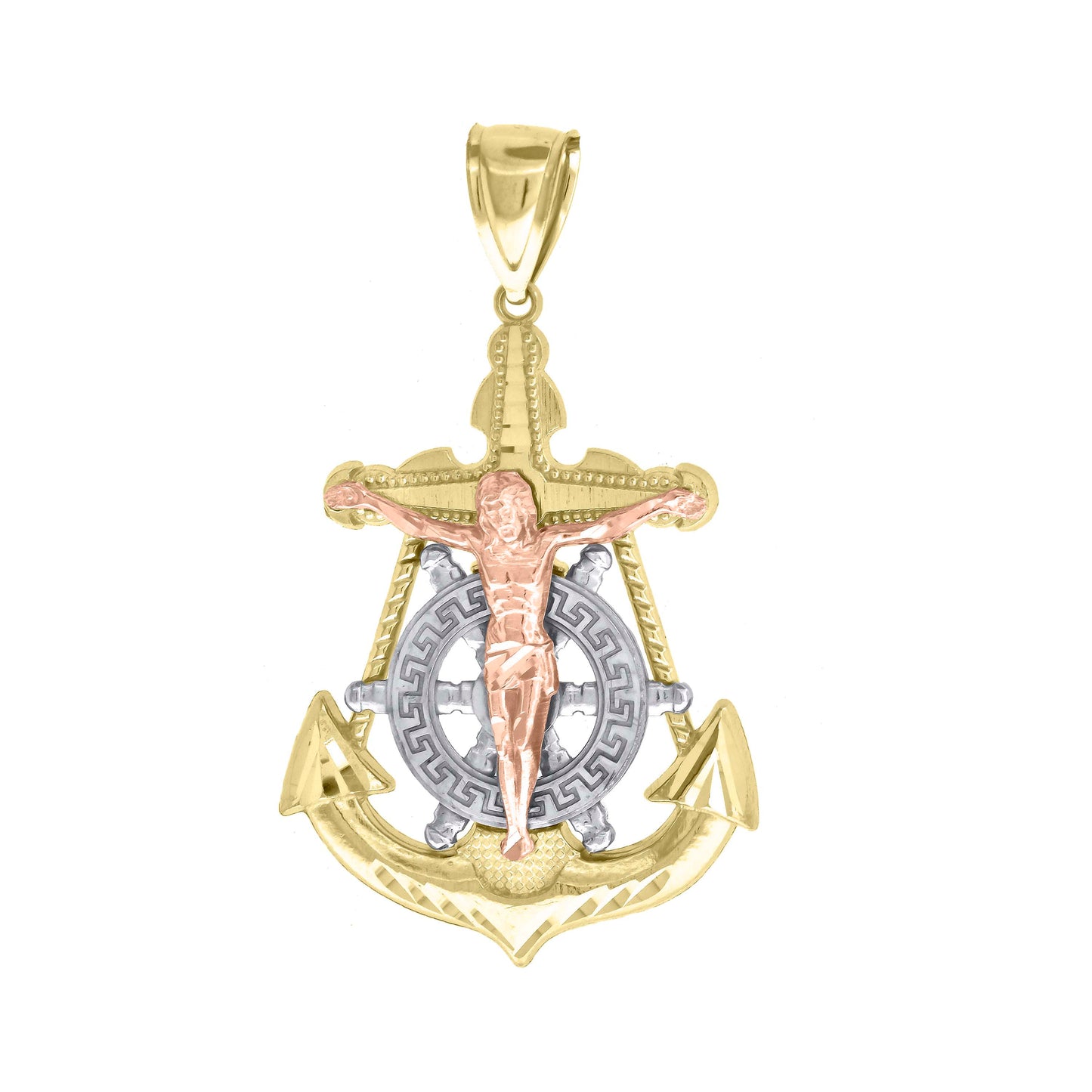 10kt Gold Tri-Color Diamond-Cut Mens Anchor Cross Crucifix Religious Charm Pendant