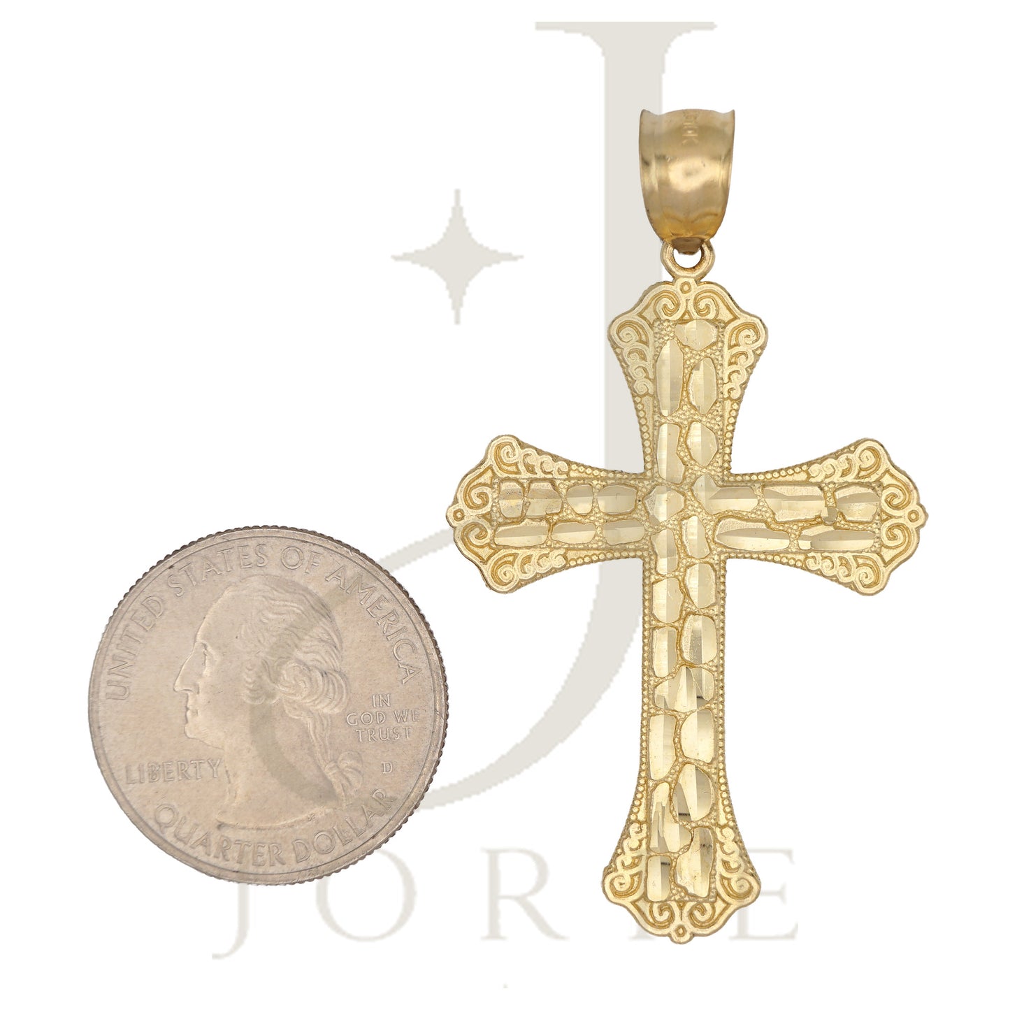 10k Yellow Gold Men Women Nugget Textured Cross Religious Charm Pendant