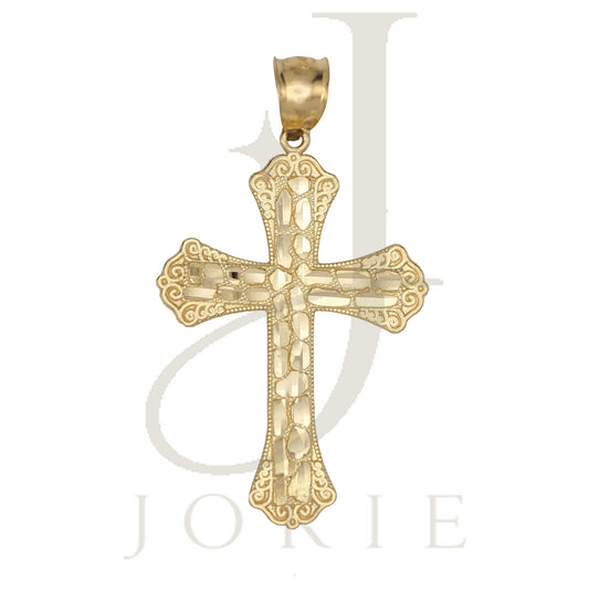 10k Yellow Gold Men Women Nugget Textured Cross Religious Charm Pendant
