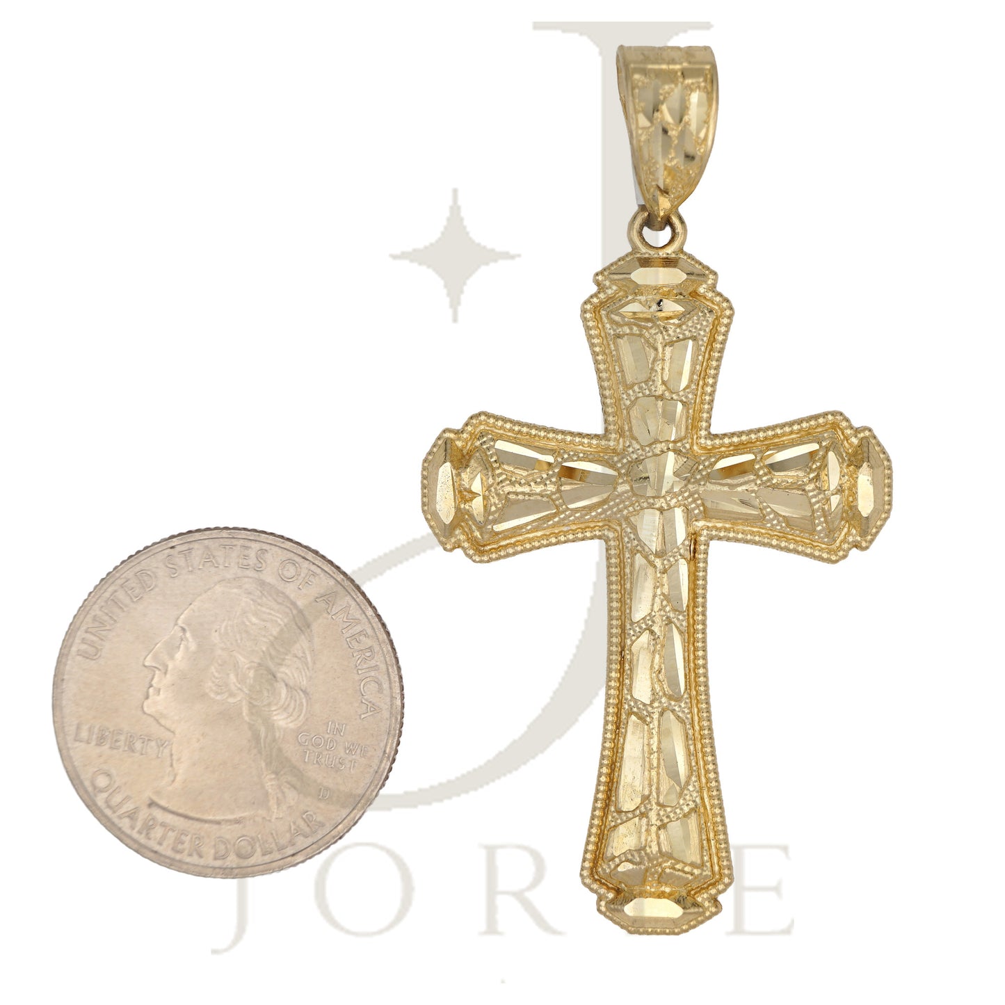 10k Yellow Gold Diamond Cut Nugget Mens Cross Religious Charm Pendant