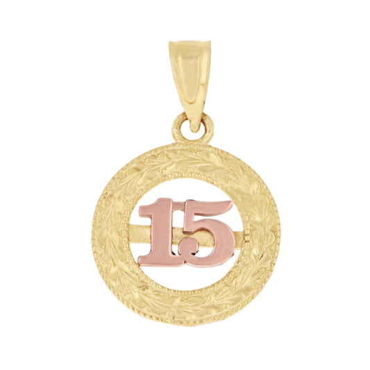 10k Gold Tri Color Diamond Cut Womens 15 Anos Quinceanera Charm Pendant