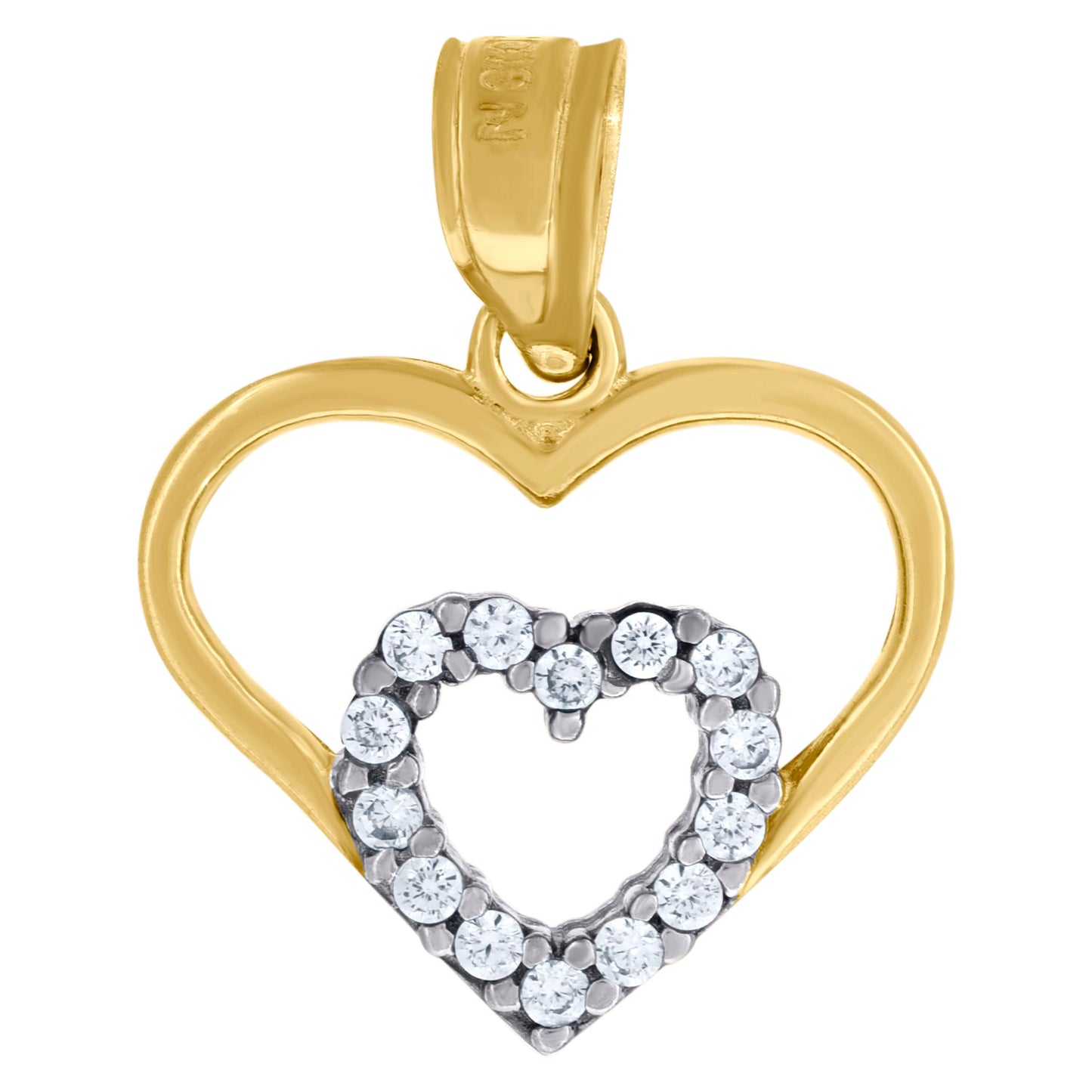 10k Two Tone Gold Womens Cubic Zirconia Double Heart Charm Pendant