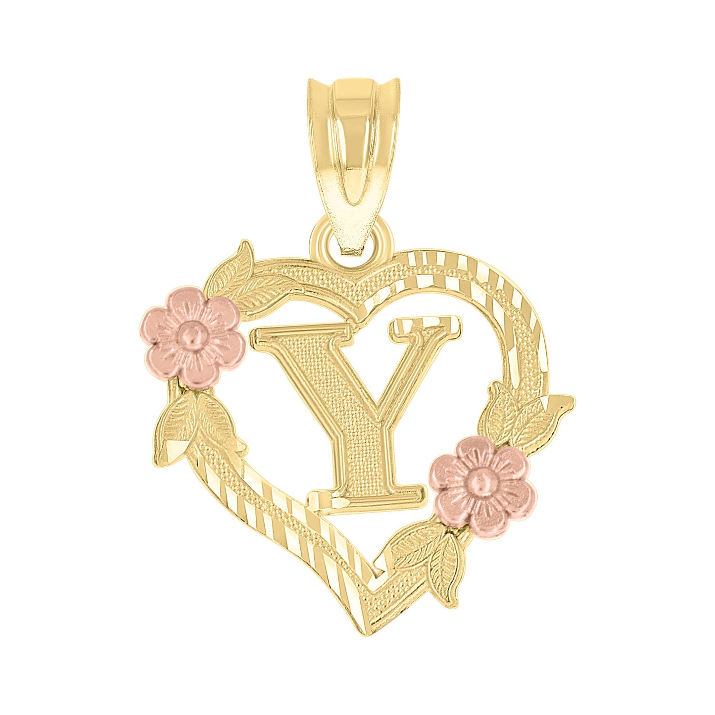 10k Two Tone Gold Womens Heart Flower Initial Letter Y Charm Pendant