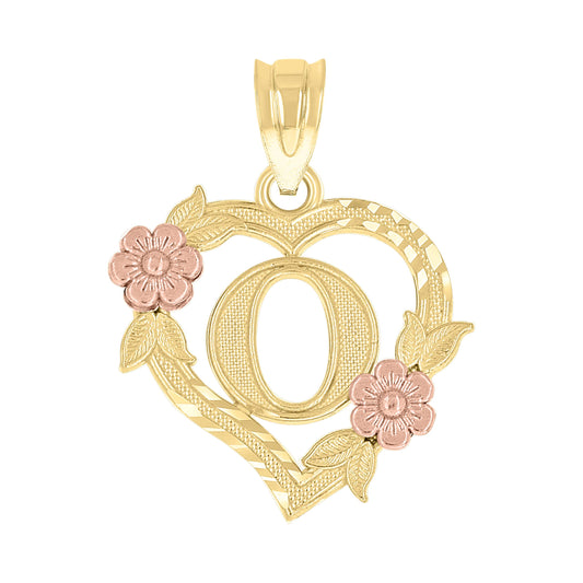 10k Two Tone Gold Womens Heart Flower Initial Letter O Charm Pendant