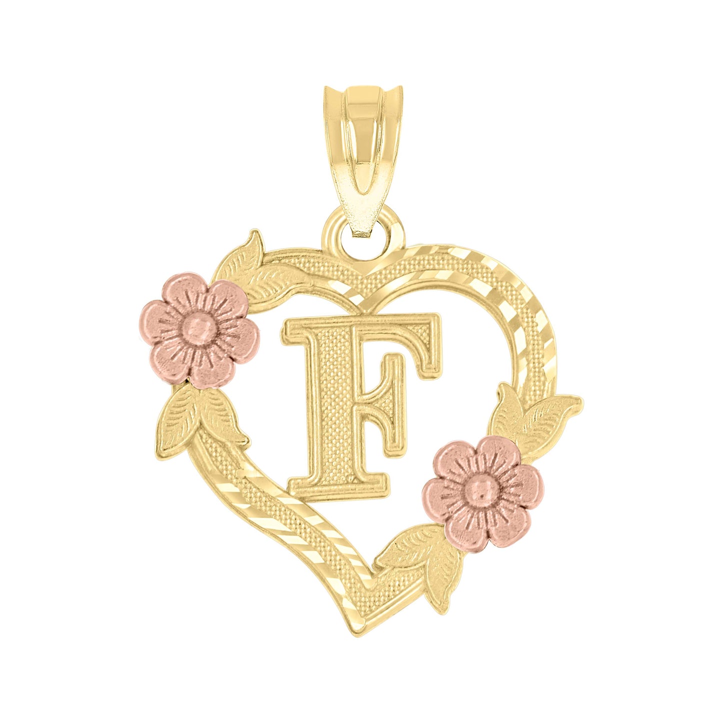 10k Two Tone Gold Womens Heart Flower Initial Letter F Charm Pendant