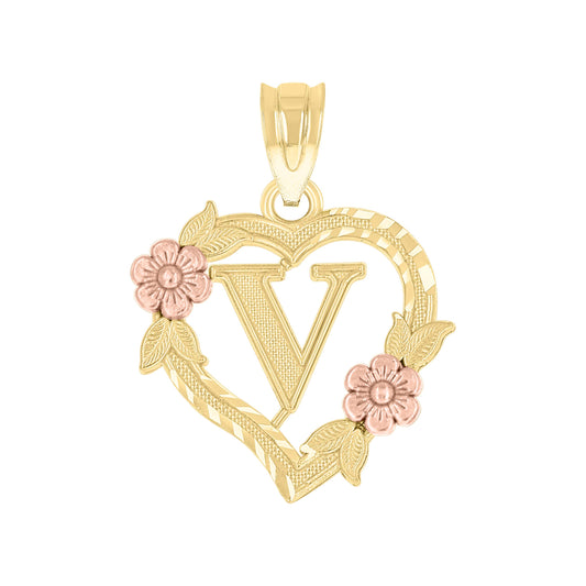 10k Two Tone Gold Womens Heart Flower Initial Letter V Charm Pendant