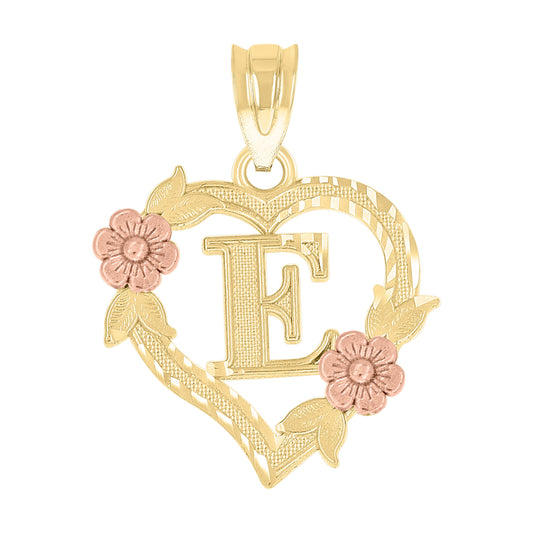 10k Two Tone Gold Womens Heart Flower Initial Letter E Charm Pendant