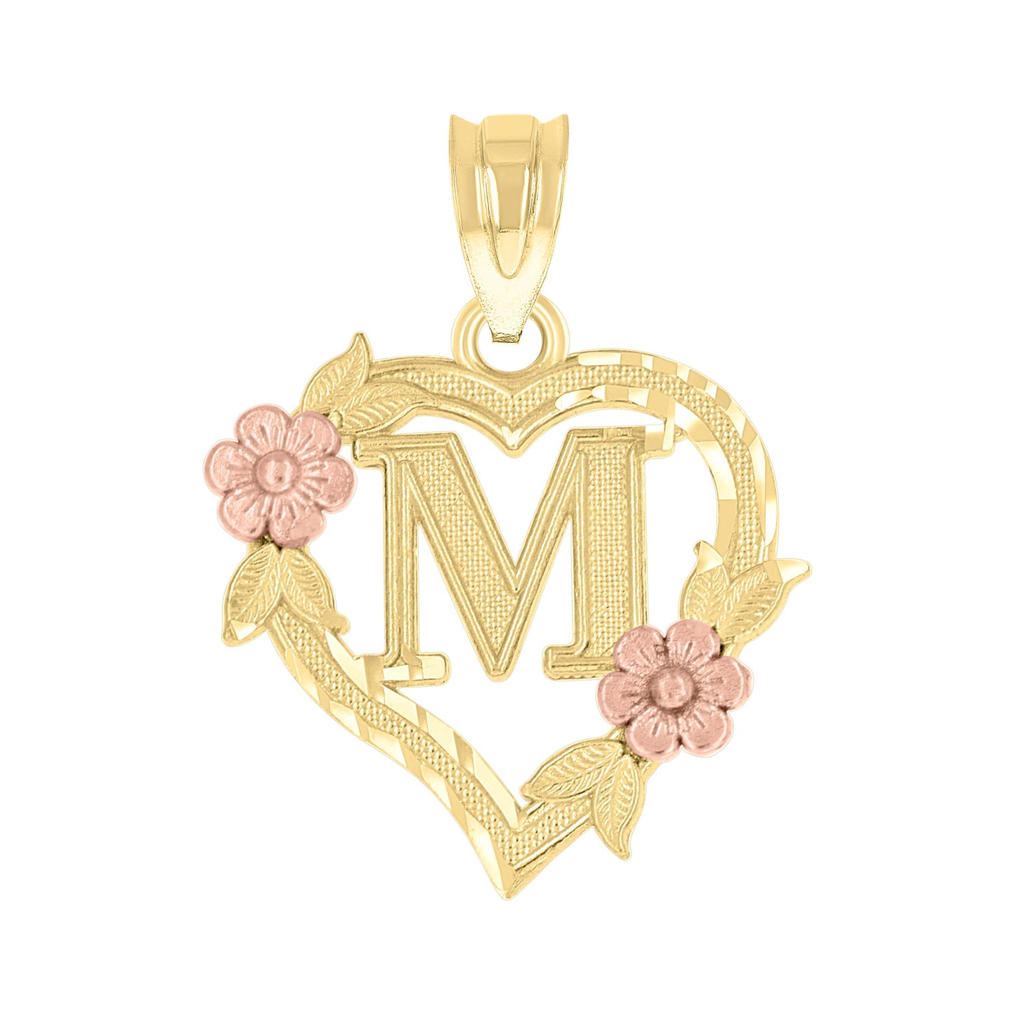 10k Two Tone Gold Womens Heart Flower Initial Letter M Charm Pendant