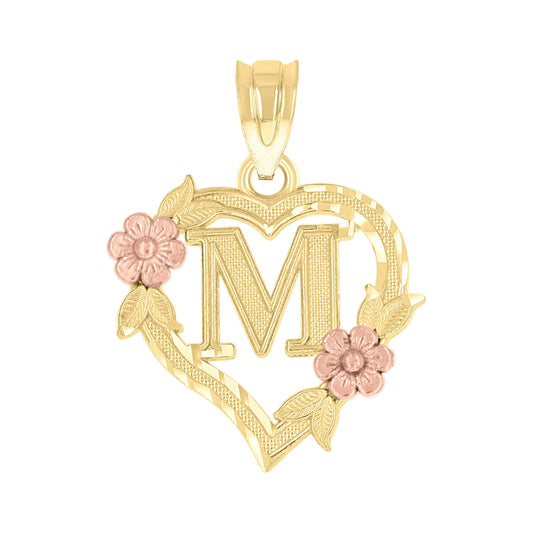 10k Two Tone Gold Womens Heart Flower Initial Letter M Charm Pendant