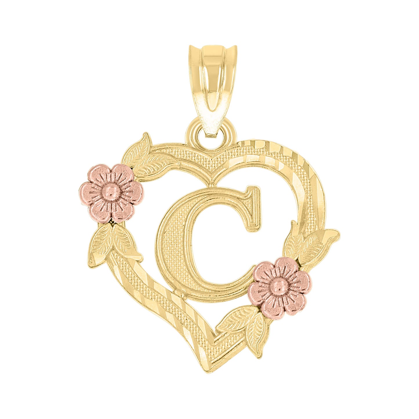 10k Two Tone Gold Womens Heart Flower Initial Letter C Charm Pendant