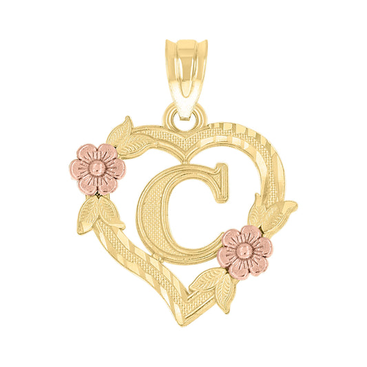 10k Two Tone Gold Womens Heart Flower Initial Letter C Charm Pendant