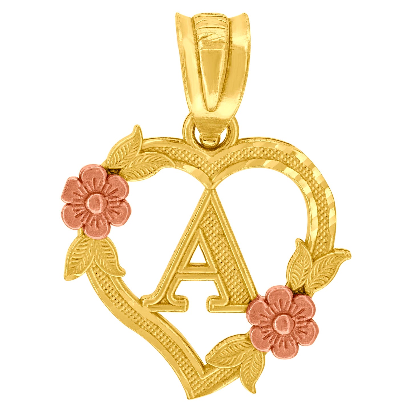 10k Two Tone Gold Womens Heart Flower Initial Letter A Charm Pendant