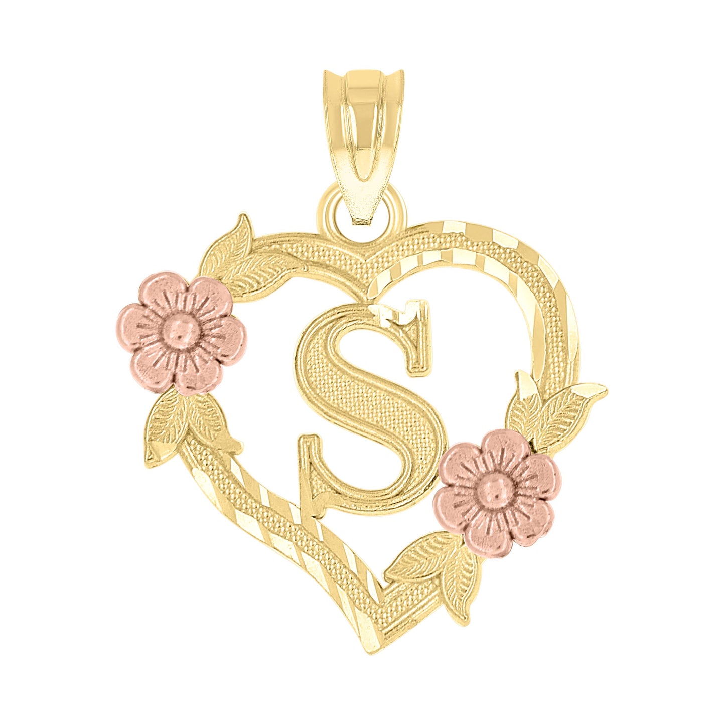 10k Two Tone Gold Womens Heart Flower Initial Letter S Charm Pendant
