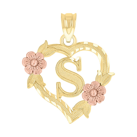10k Two Tone Gold Womens Heart Flower Initial Letter S Charm Pendant