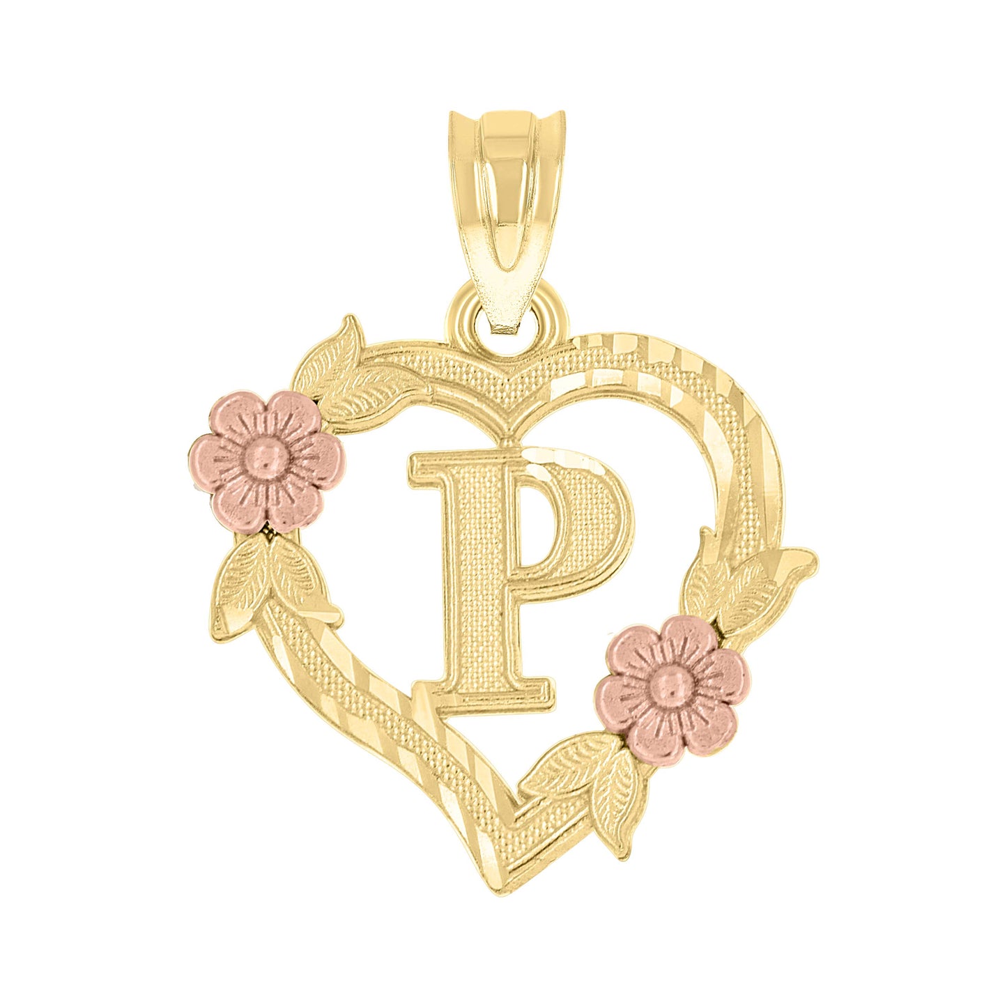10k Two Tone Gold Womens Heart Flower Initial Letter P Charm Pendant