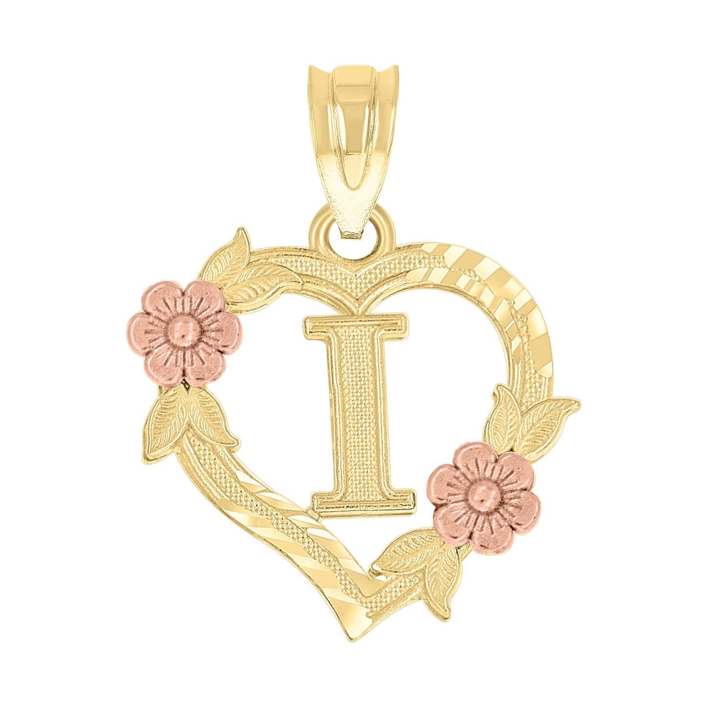 10k Two Tone Gold Womens Heart Flower Initial Letter I Charm Pendant