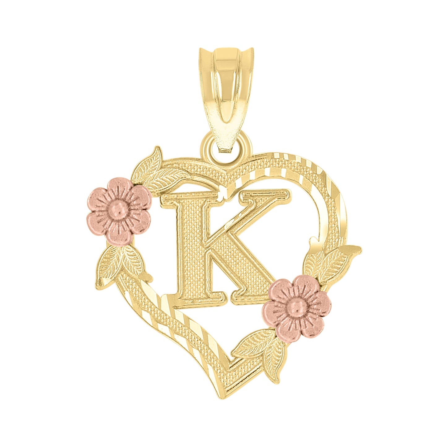 10k Two Tone Gold Womens Heart Flower Initial Letter K Charm Pendant