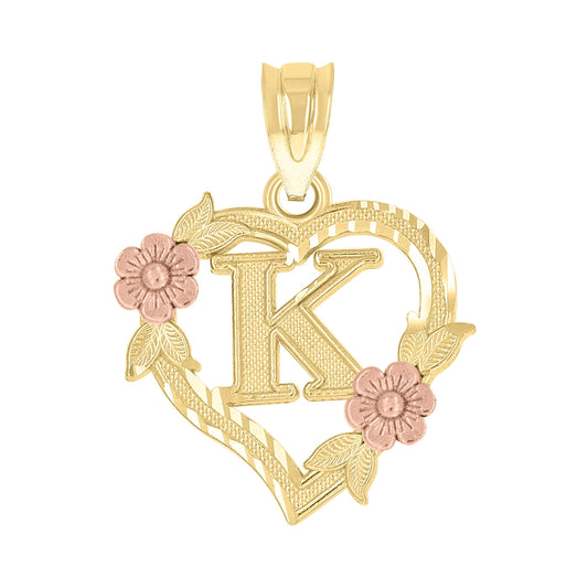 10k Two Tone Gold Womens Heart Flower Initial Letter K Charm Pendant
