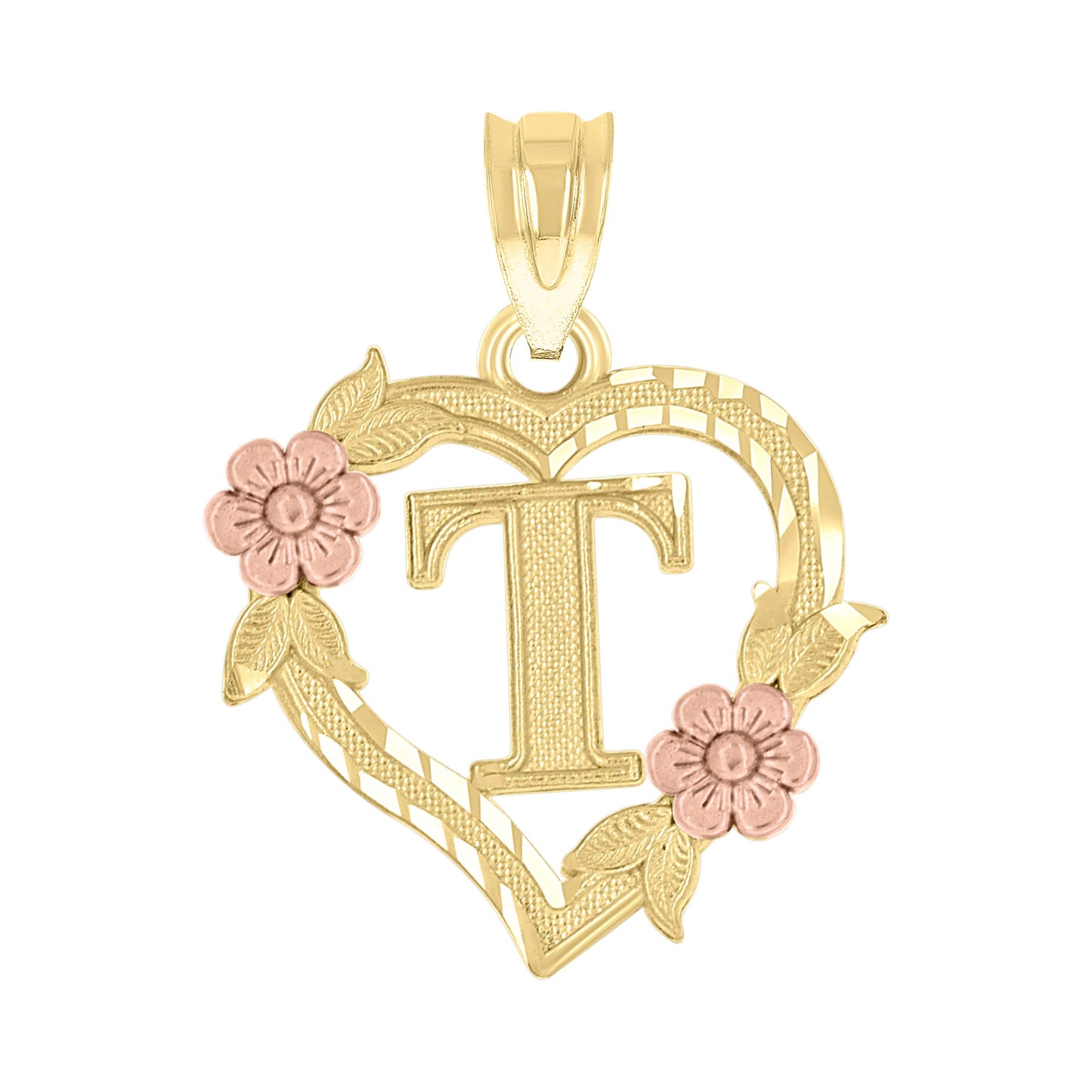 10k Two Tone Gold Womens Heart Flower Initial Letter T Charm Pendant