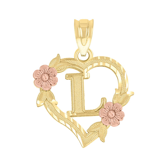 10k Two Tone Gold Womens Heart Flower Initial Letter L Charm Pendant