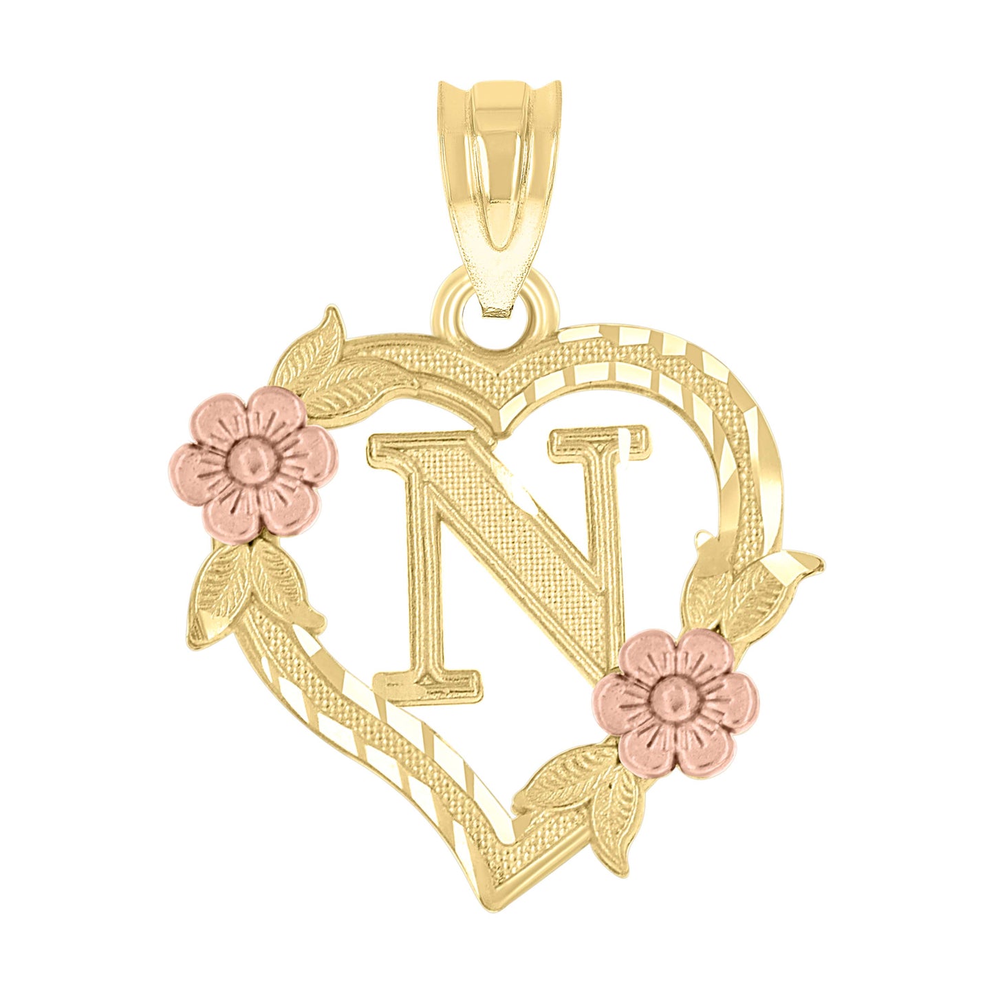 10k Two Tone Gold Womens Heart Flower Initial Letter N Charm Pendant