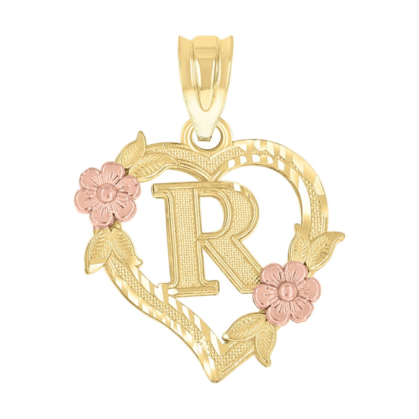 10k Two Tone Gold Womens Heart Flower Initial Letter R Charm Pendant
