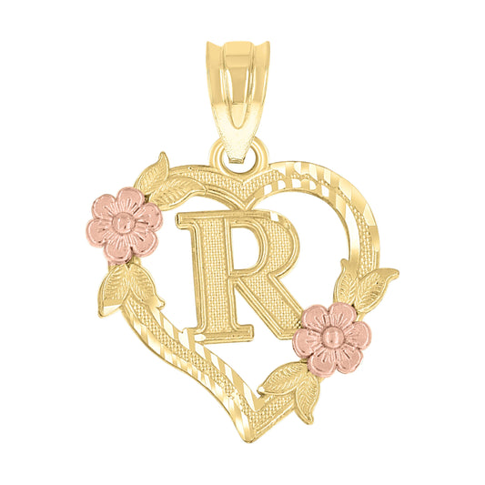 10k Two Tone Gold Womens Heart Flower Initial Letter R Charm Pendant