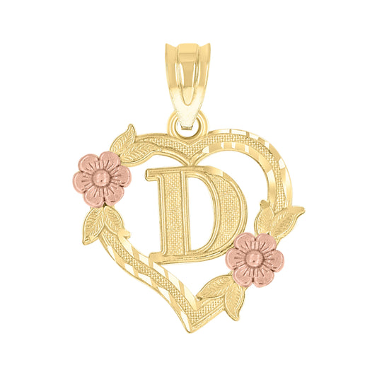 10k Two Tone Gold Womens Heart Flower Initial Letter D Charm Pendant