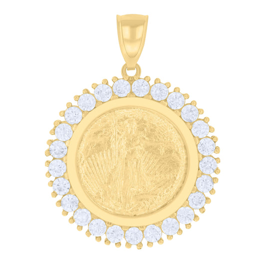 10k Yellow Gold Cubic Zirconia Mens Lady Liberty Medallion Charm Pendant
